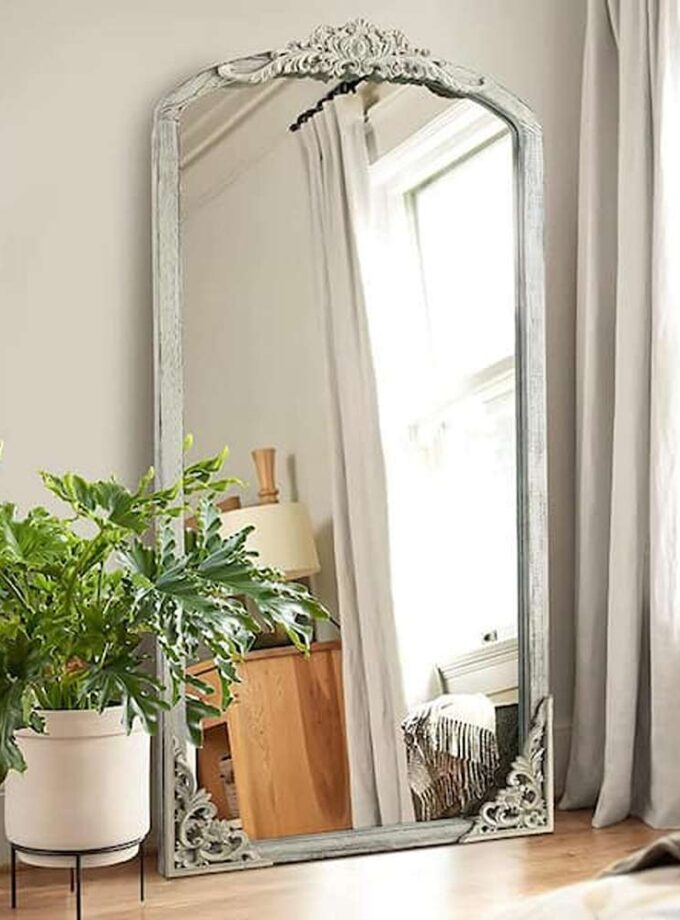 28 in. W x 67 in. H Classic Arch-Top Wood Framed Weathered White Full-Length Floor Mirror